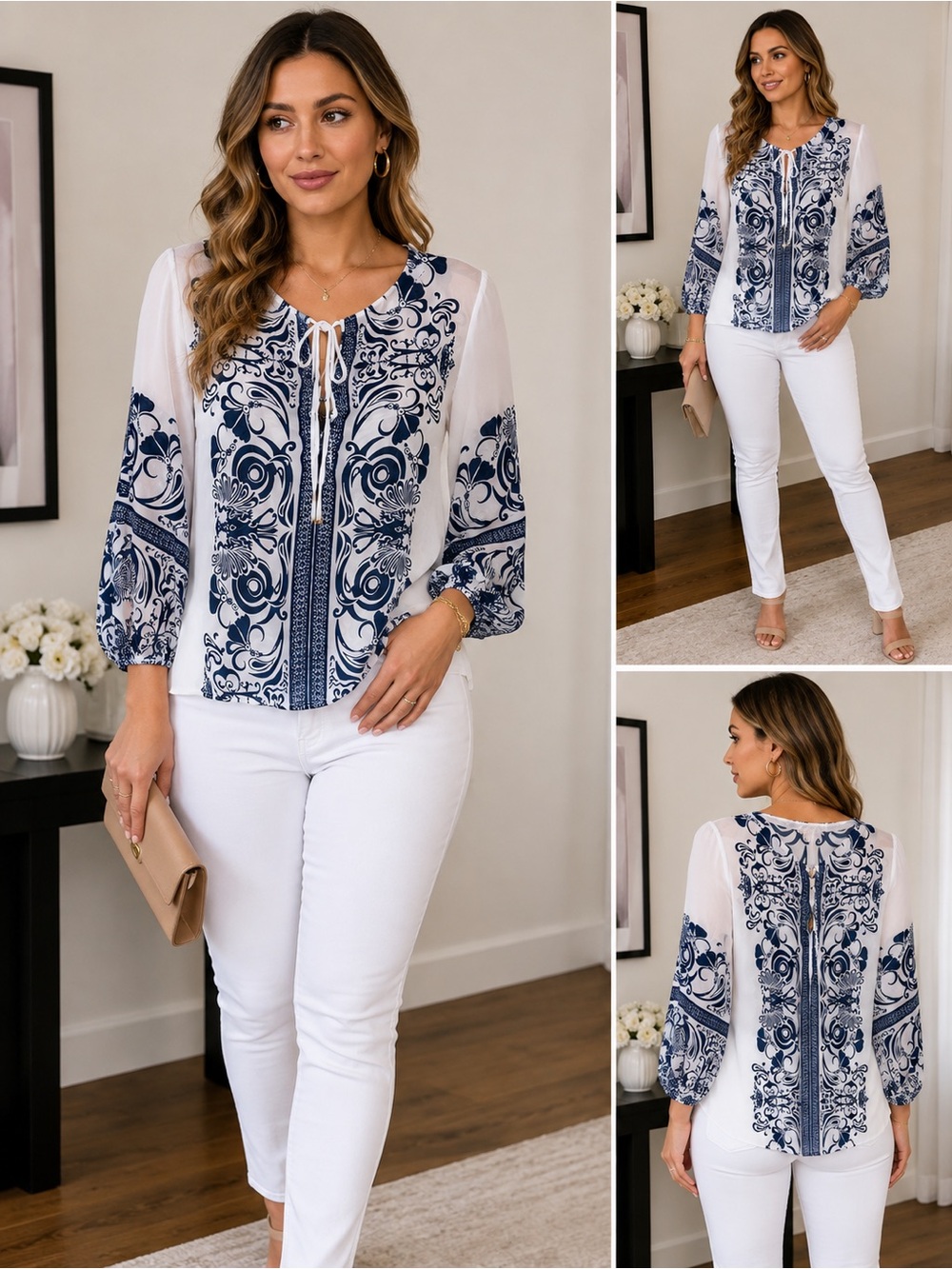 Koton Navy & White Printed Chiffon Blouse 3/4 Sleeve Size M